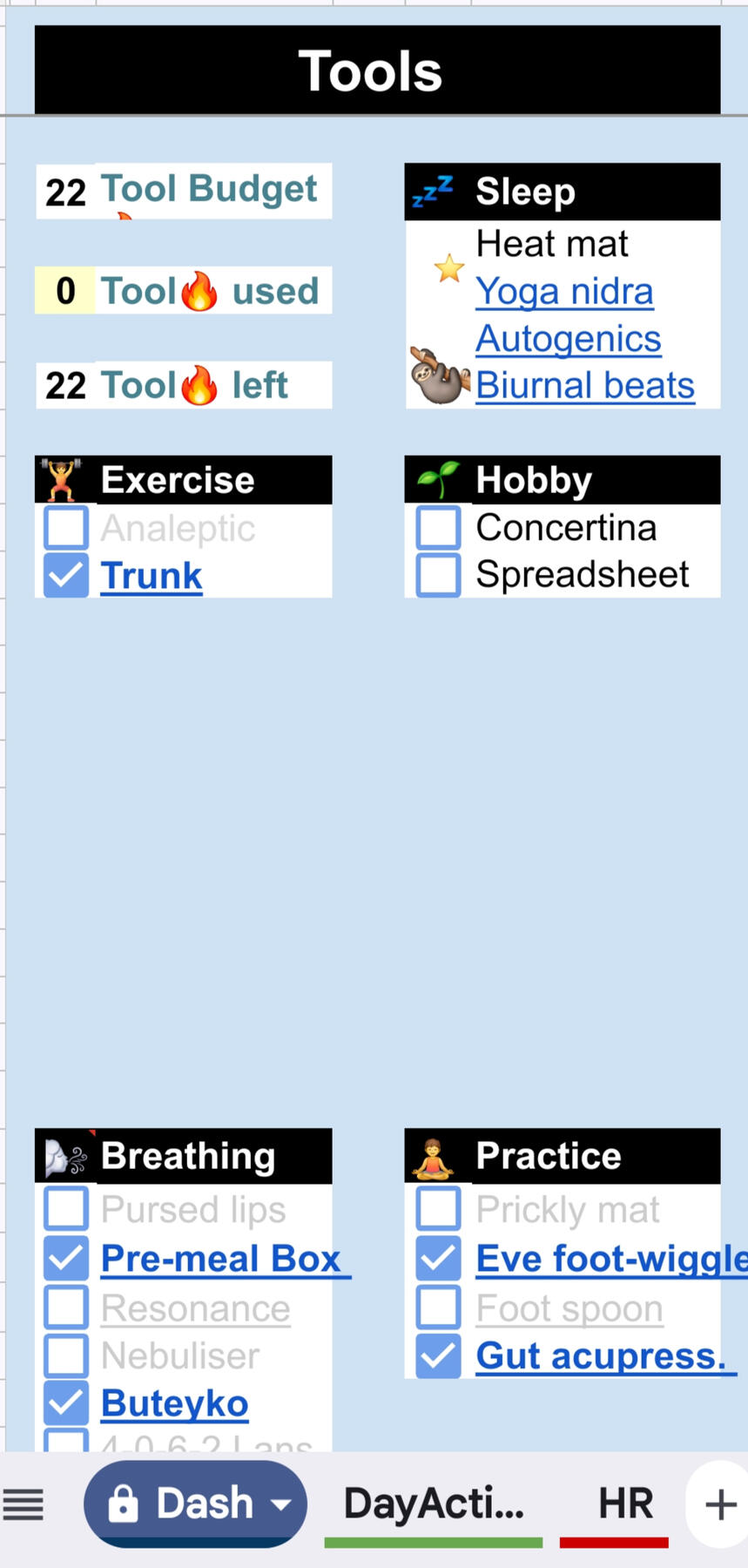 Heart Window dashboard, Tools section showing lists of items under headings including breathing, practices, exercises, hobbies. Tools listed are within today's energy and symptom limits. Links to resources for use. If ticked, highlighted as plan to complet